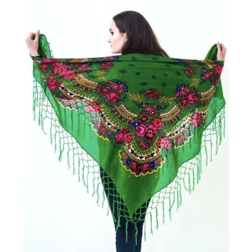 Vintage Green Wool Shawl, Retro, Floral, Colorful Scarf Tassels, Decor, Japan